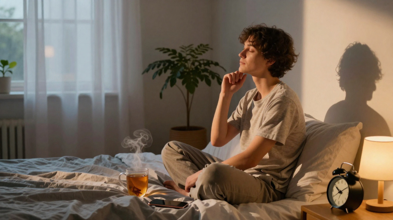 Junge sitzt im entspannten Schneidersitz auf Bett, trinkt Tee, Sonnenlicht und Schatten an der Wand.