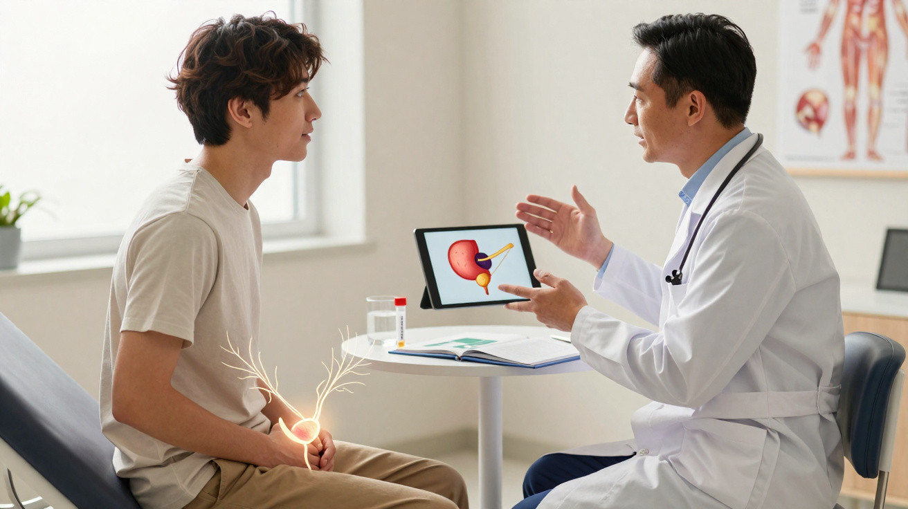 Arzt erklärt Patient auf Tablet die Blase und Harnwege in heller Praxis während Beratung.