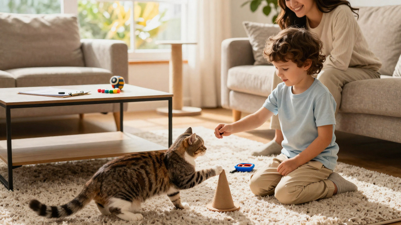 Kind spielt mit Katze auf Teppich im Wohnzimmer, Frau sitzt lächelnd auf Sofa im Hintergrund.