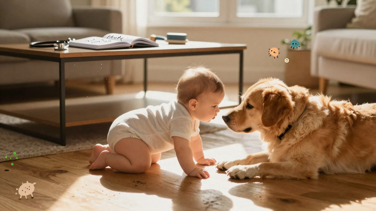 Ein Baby und ein goldener Retriever liegen sich auf einem Holzboden im Wohnzimmer gegenüber und schauen sich an.