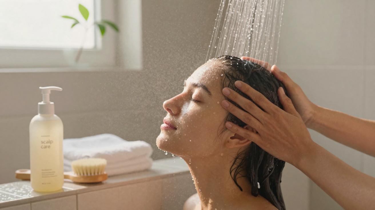 Frau genießt Haarschmassage und Dusche, entspannte Atmosphäre im Badezimmer mit Pflanzenlicht.
