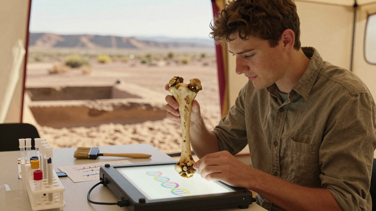 Junger Mann analysiert im Freien einen Knochen über einem Bildschirm mit DNA-Daten im Archäologie-Camp.