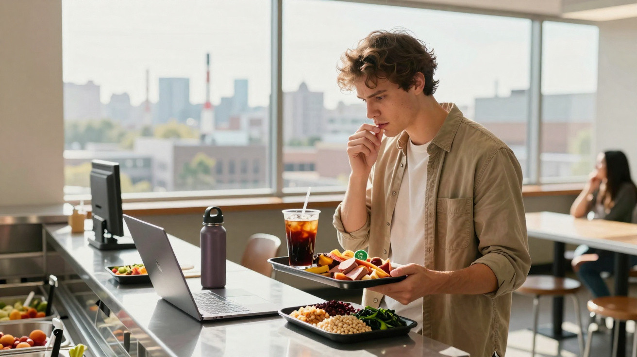 Junger Mann steht in moderner Kantine mit Tablett voller Essen vor geöffnetem Laptop am Tresen.