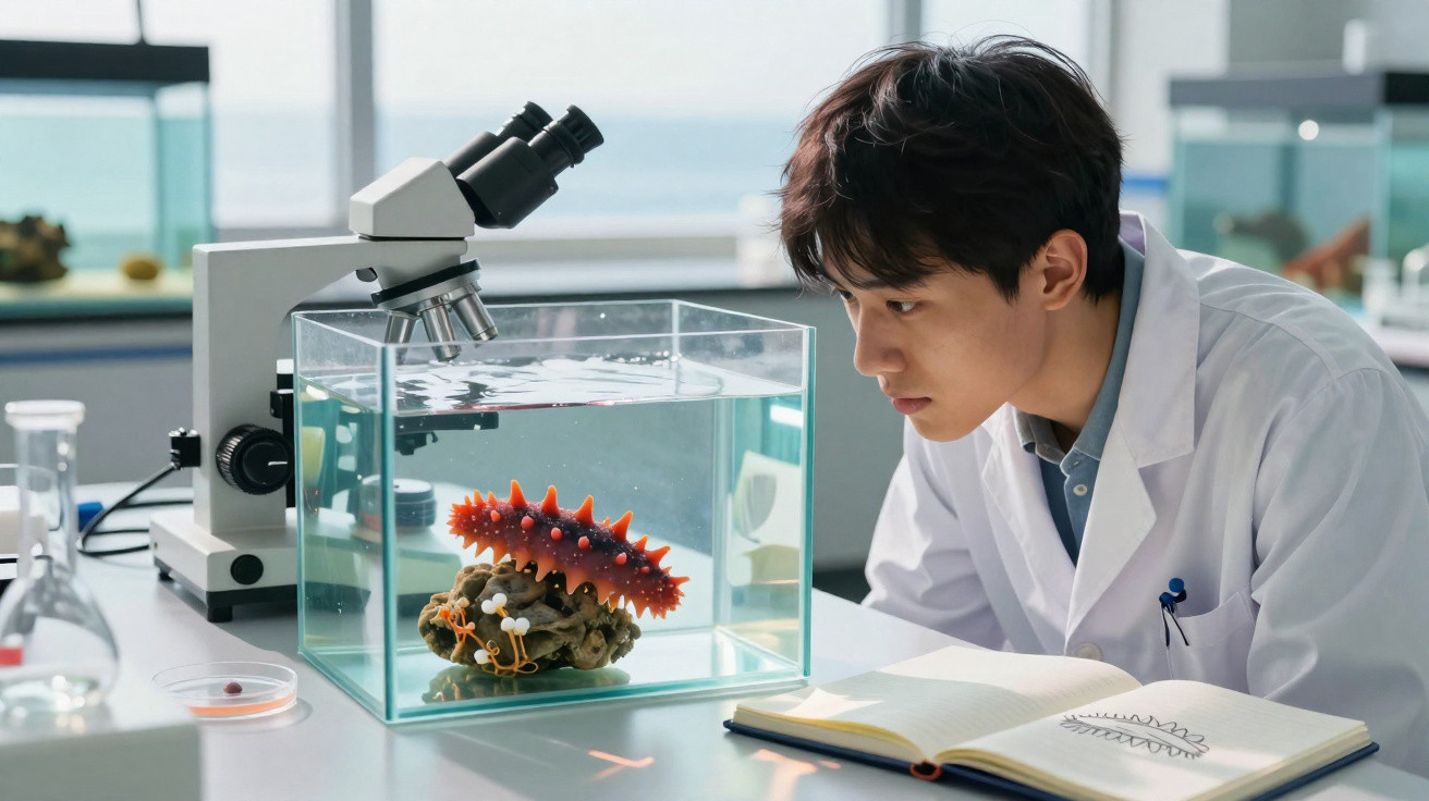 Ein Wissenschaftler im Labor beobachtet ein Seesternmodell in einem Aquarium neben einem Mikroskop und Notizbuch.