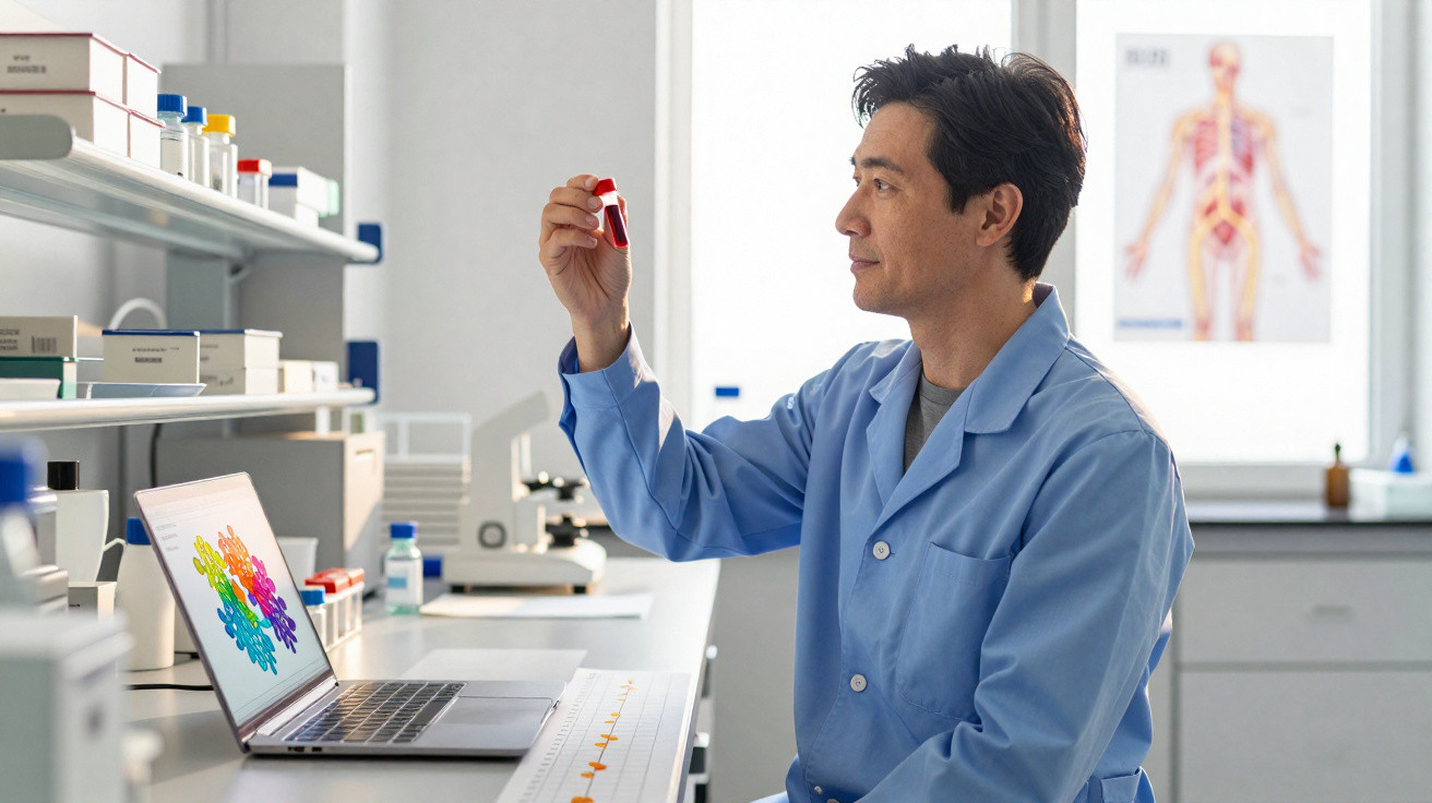 Wissenschaftler im blauen Kittel untersucht eine rote Probe im Labor mit Laptop und Mikroskop.