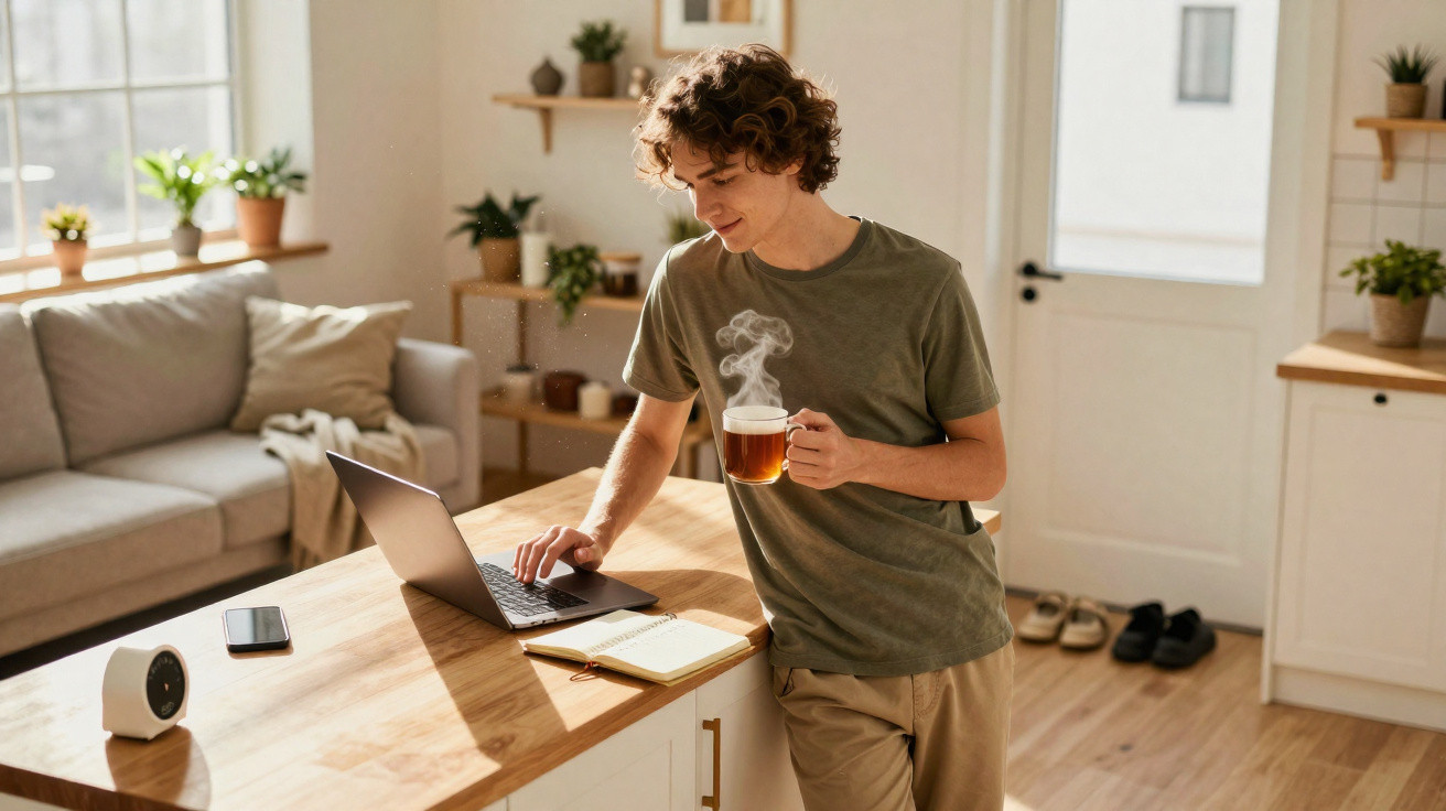 Junger Mann steht in moderner Küche, hält dampfende Tasse Kaffee und nutzt Laptop auf Kücheninsel.