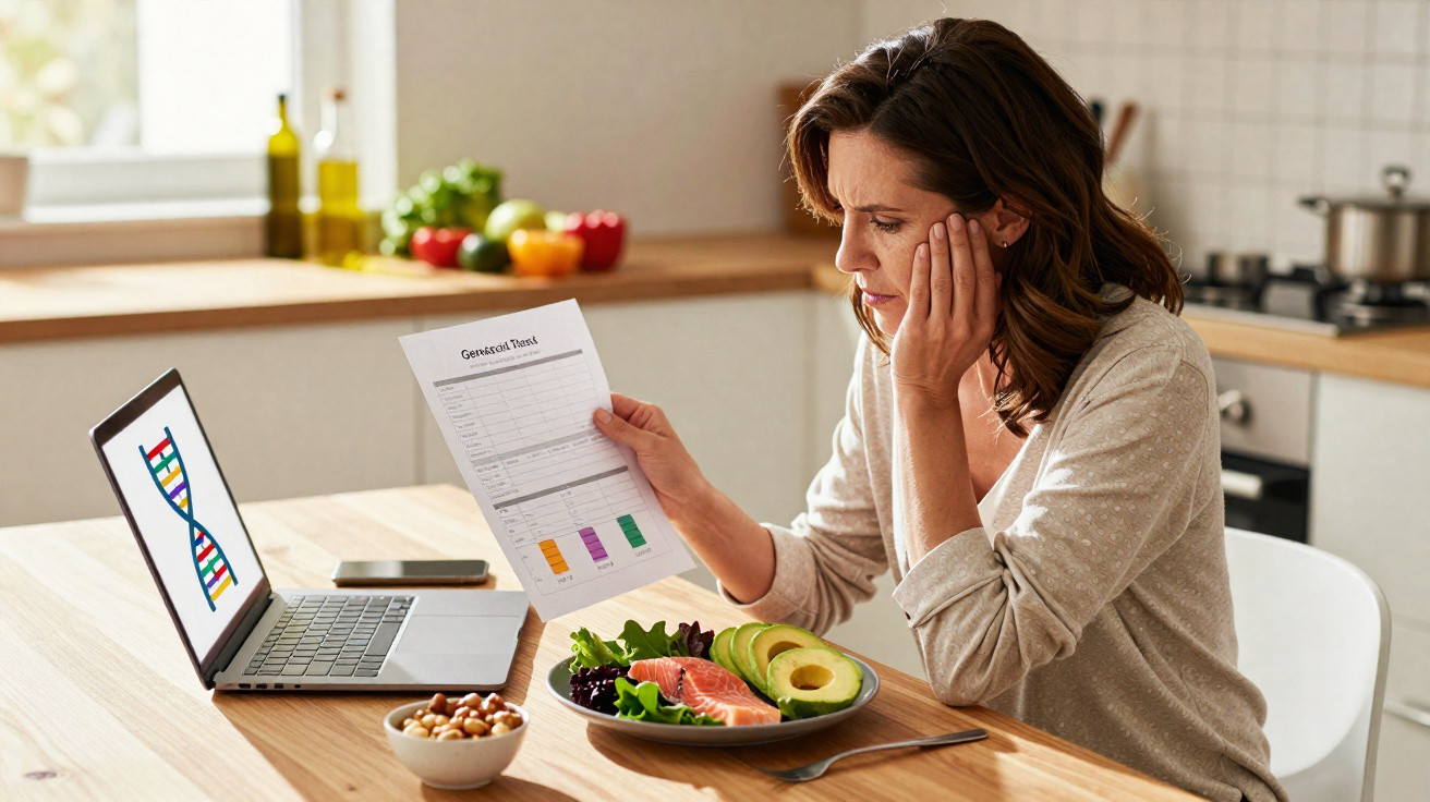 Frau liest Genealogiebericht am Küchentisch mit Laptop, gesundem Essen und Avocado auf Teller.