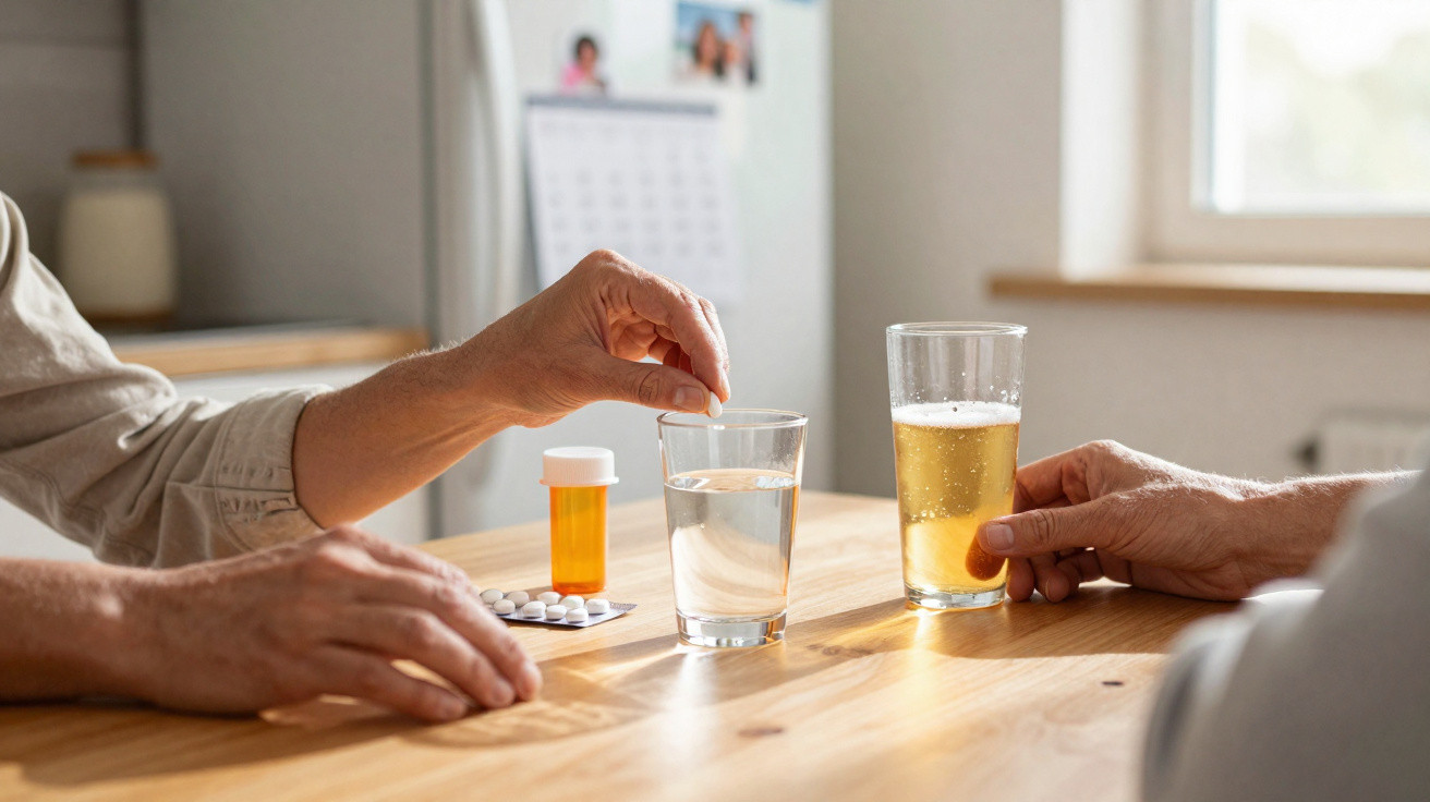 Hände von Senioren legen Tablette in Wasserglas, daneben Glas mit Bier und Medikamenten auf Holz-Tisch.