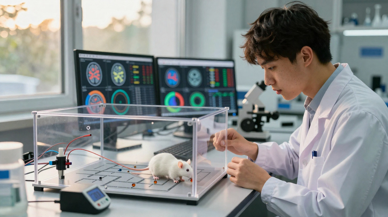 Wissenschaftler im Labor beobachtet weiße Laborratte in transparentem Käfig vor Bildschirmen mit Datenanalysen.
