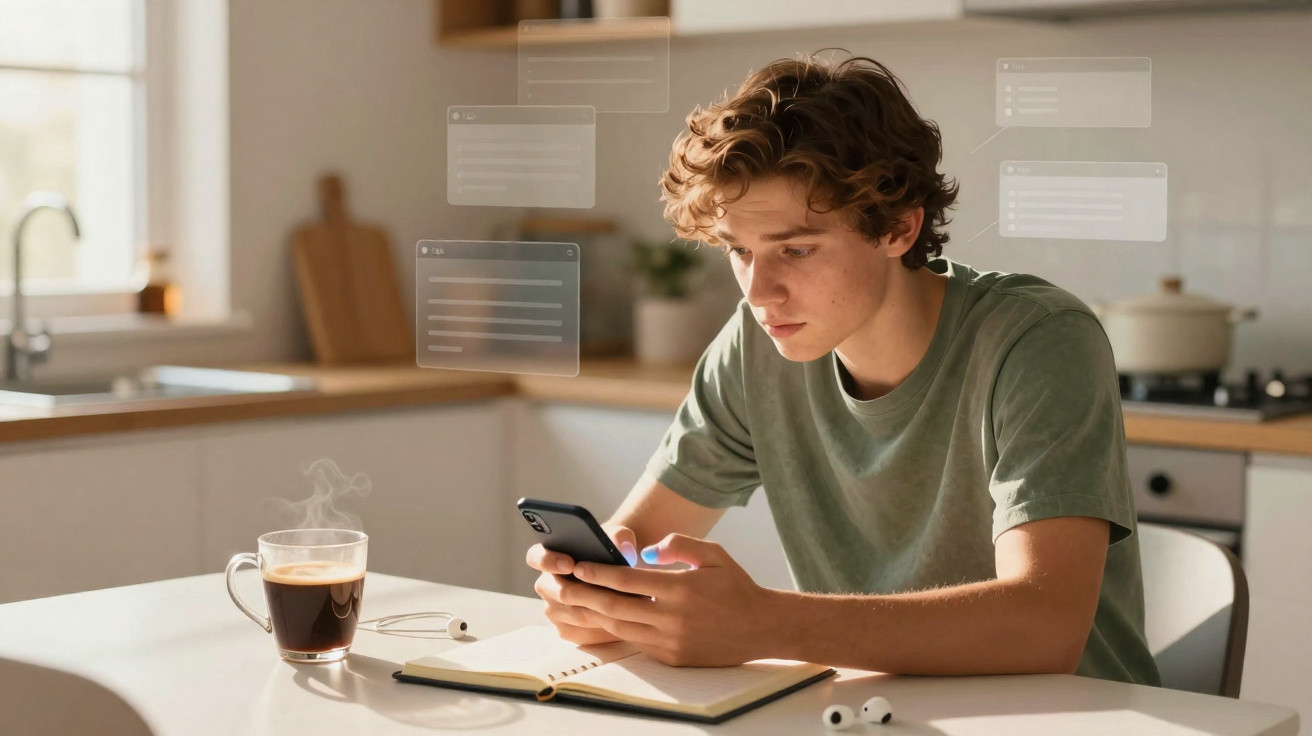 Junger Mann sitzt in der Küche mit Smartphone, Notizbuch, Kaffee und kabellosen Kopfhörern am Tisch.
