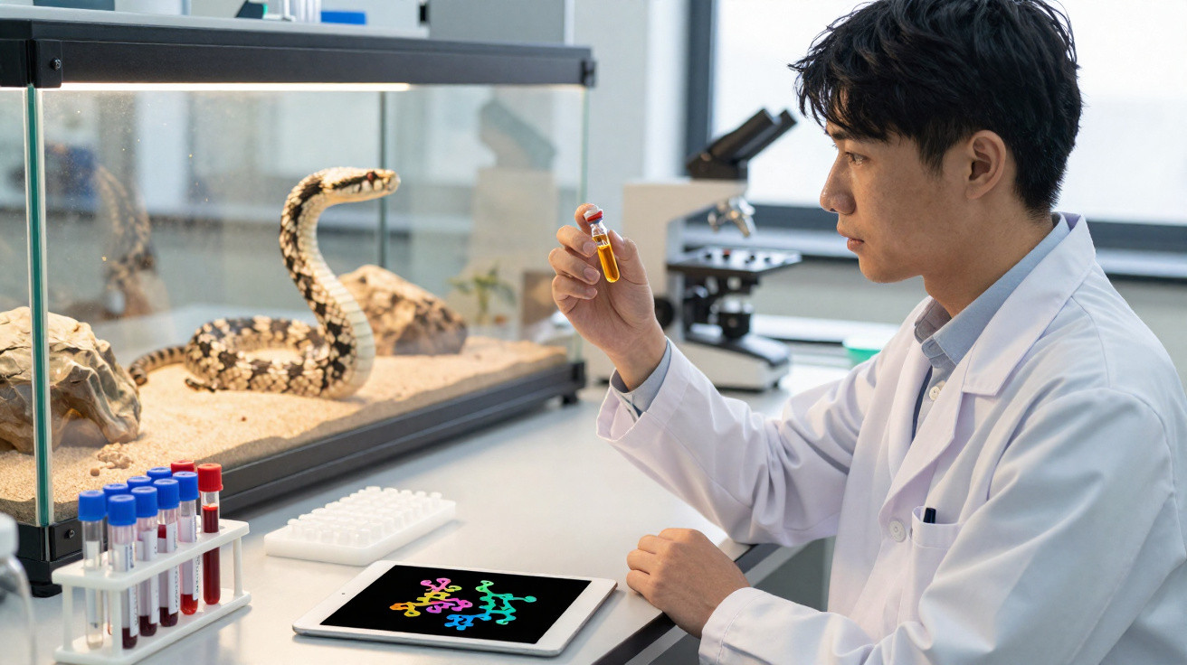 Wissenschaftler untersucht Schlangenblutprobe im Labor neben Terrarium mit Kobra und Tablet mit DNA-Darstellung.