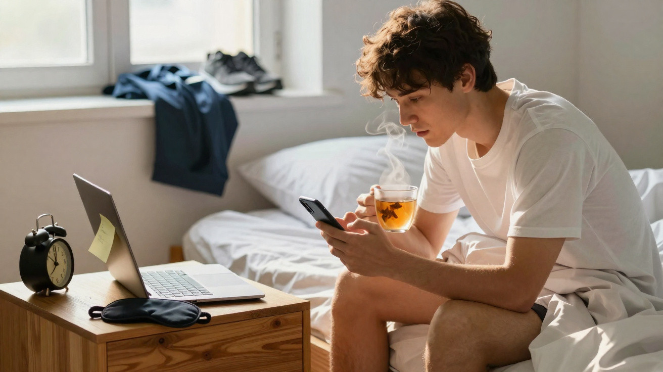 Junger Mann sitzt auf Bett, trinkt Tee und schaut auf sein Smartphone neben Laptop und Wecker auf Nachttisch.