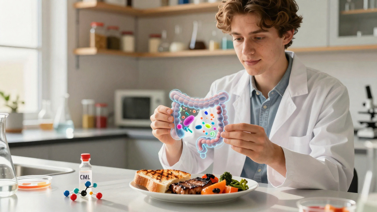 Junger Forscher in Labor zeigt digitale Darstellung des Darms mit Bakterien vor Mahlzeit mit Steak und Gemüse.