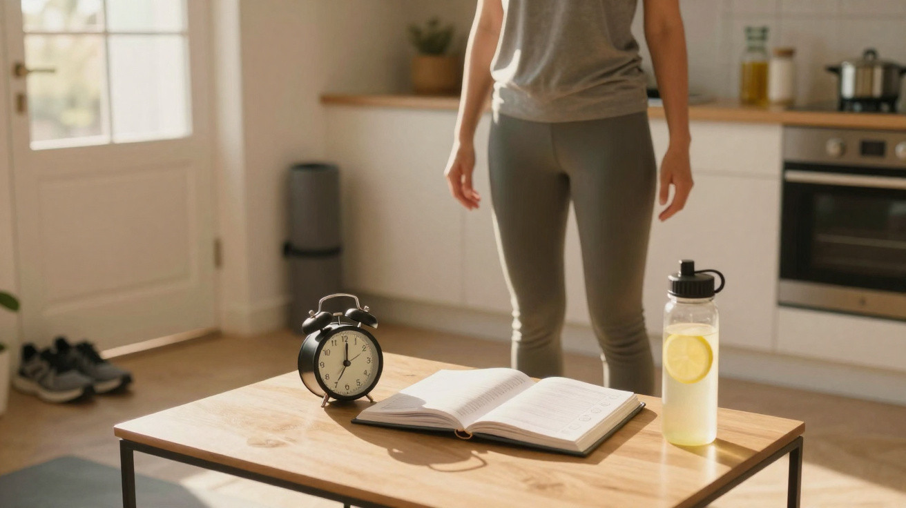 Person in Sportkleidung steht in der Küche neben einem Tisch mit Wecker, offenem Buch und Wasserflasche mit Zitrone.