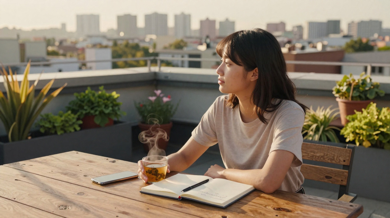 Frau sitzt auf Terrasse mit dampfender Tasse Tee, offenem Notizbuch und Stift, blickt in die Ferne bei Sonnenlicht.