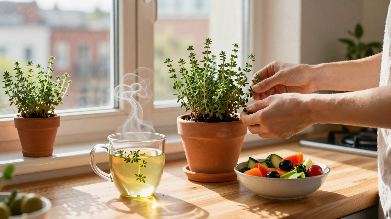 Hände pflegen Thymianpflanze auf Fensterbank neben dampfendem Kräutertee und frischem Salat.