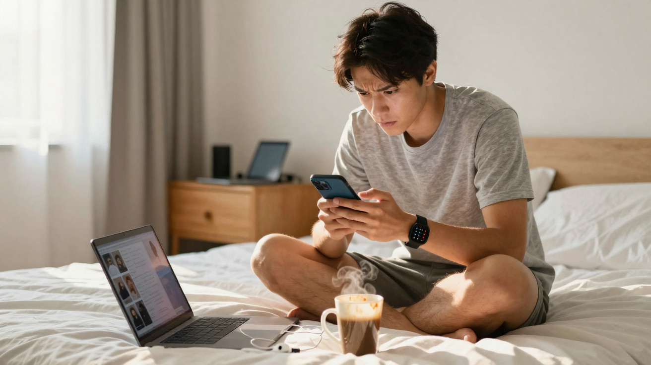 Junger Mann sitzt auf Bett, schaut konzentriert auf Smartphone, Laptop und dampfende Kaffeetasse vor ihm.