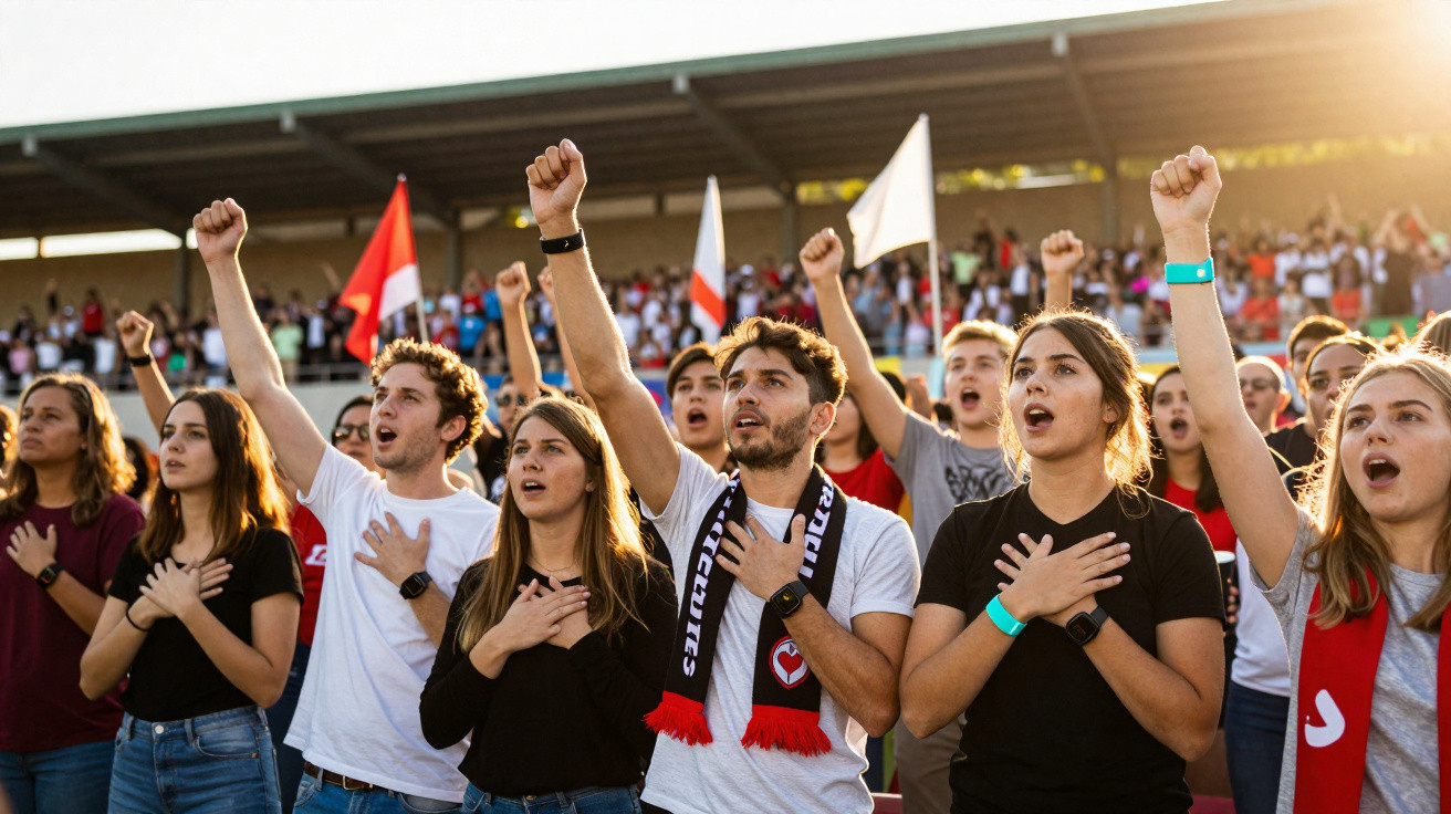 Junge Fans heben die Fäuste und legen die Hand aufs Herz bei einer Veranstaltung im Stadion.