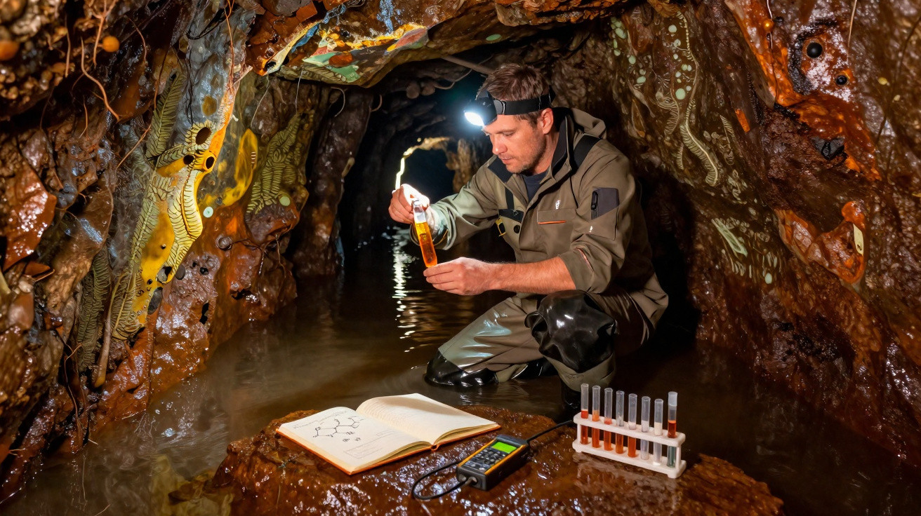 Wissenschaftler mit Stirnlampe untersucht Wasserprobe in einem engen, nassen Höhlentunnel mit Chemieausrüstung.