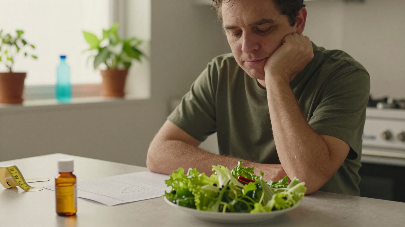 Mann sitzt nachdenklich am Tisch mit Salatschüssel und Medizinflasche, Maßband und Unterlagen liegen daneben.