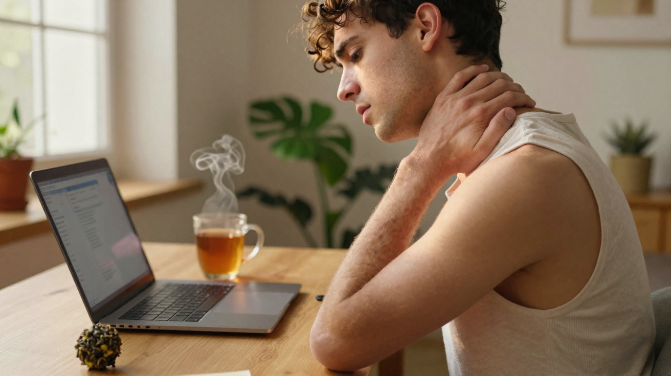 Junger Mann am Laptop hält sich den Nacken und leidet an Nackenschmerzen im hellen Wohnzimmer.