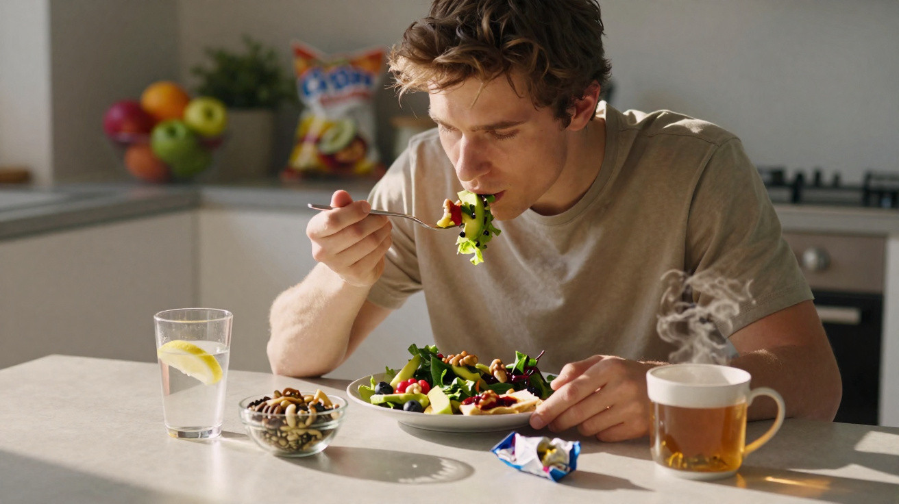 Junger Mann isst Salat an einem Küchentisch mit Wasser, Nüssen und heißem Tee.