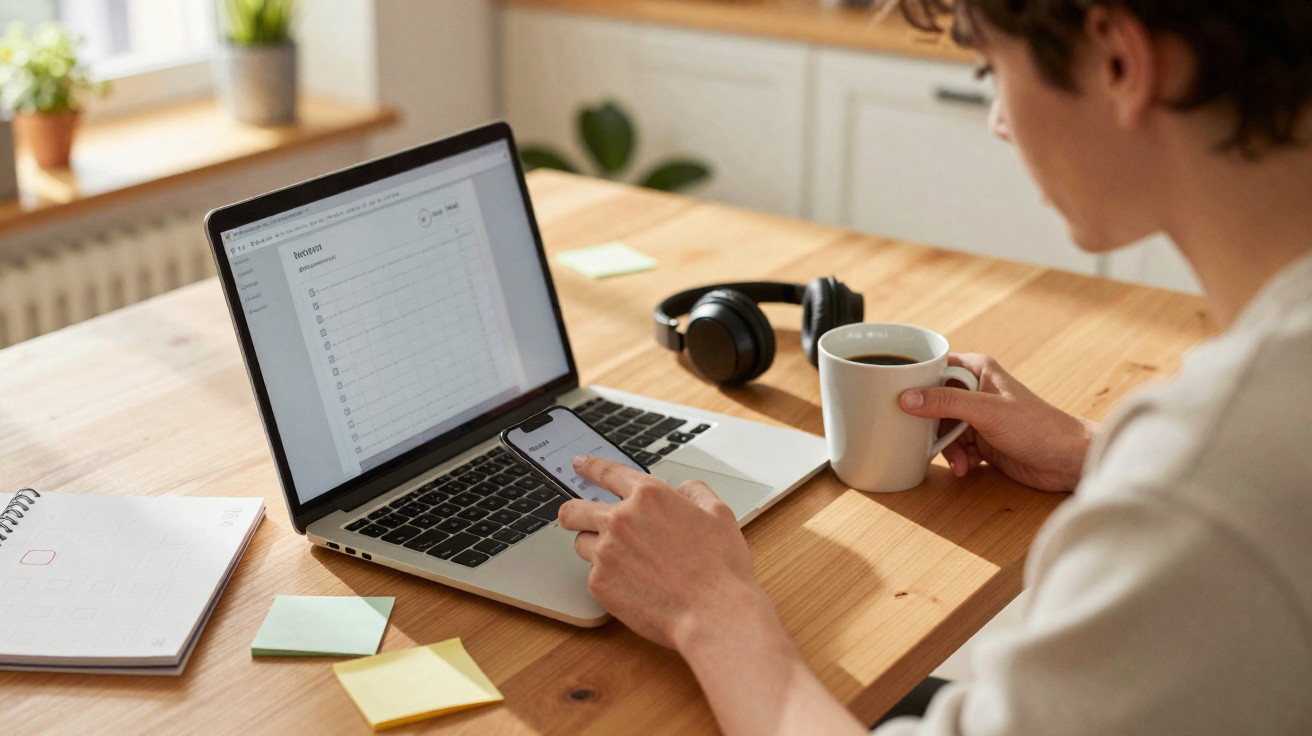 Person sitzt am Holztisch, nutzt Smartphone und Laptop, hält eine Tasse Kaffee, Kopfhörer liegen daneben.