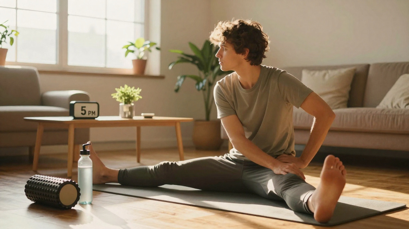 Junger Mann macht Dehnübungen auf Yogamatte im Wohnzimmer bei Tageslicht.