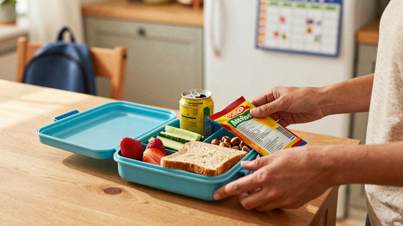 Brotdose mit Sandwich, Gurken, Erdbeeren, Nüssen, Getränkedose und Snack in einer Küche auf Holztisch.