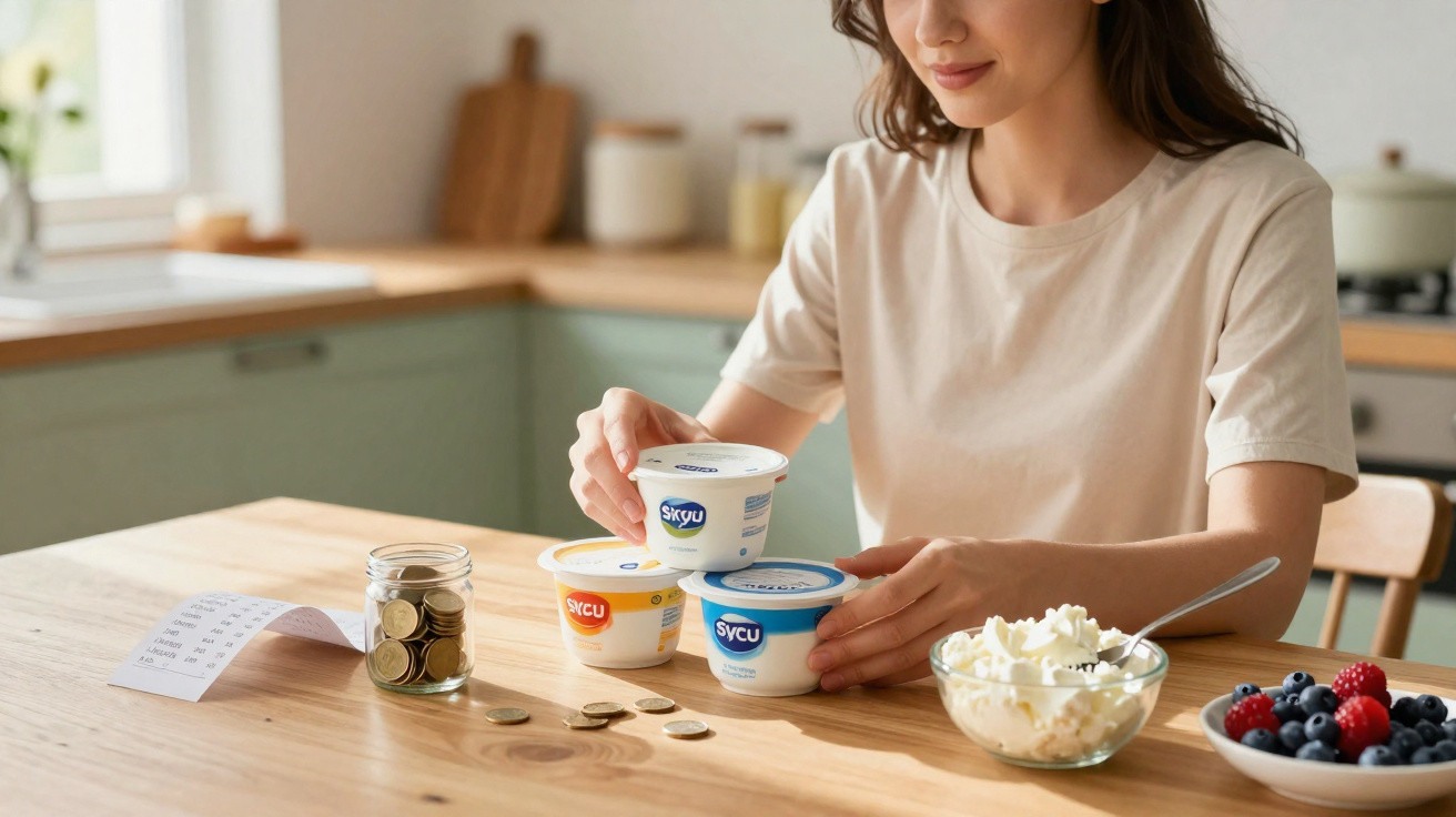 Frau sitzt am Küchentisch mit Sparglas, Kassenbon und drei Bechern Skyr-Joghurt sowie Schüssel mit Beeren und Quark.