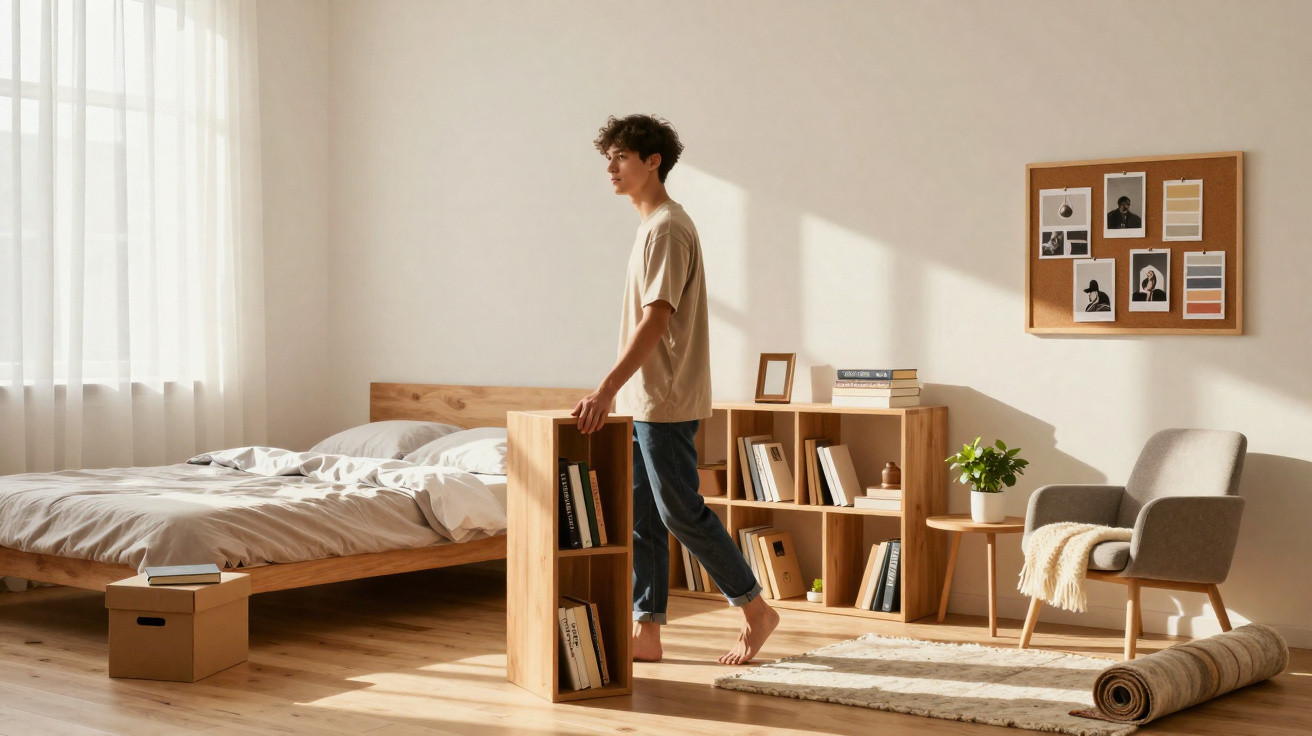 Junger Mann bewegt ein kleines Bücherregal in einem hellen, minimalistisch eingerichteten Schlafzimmer.