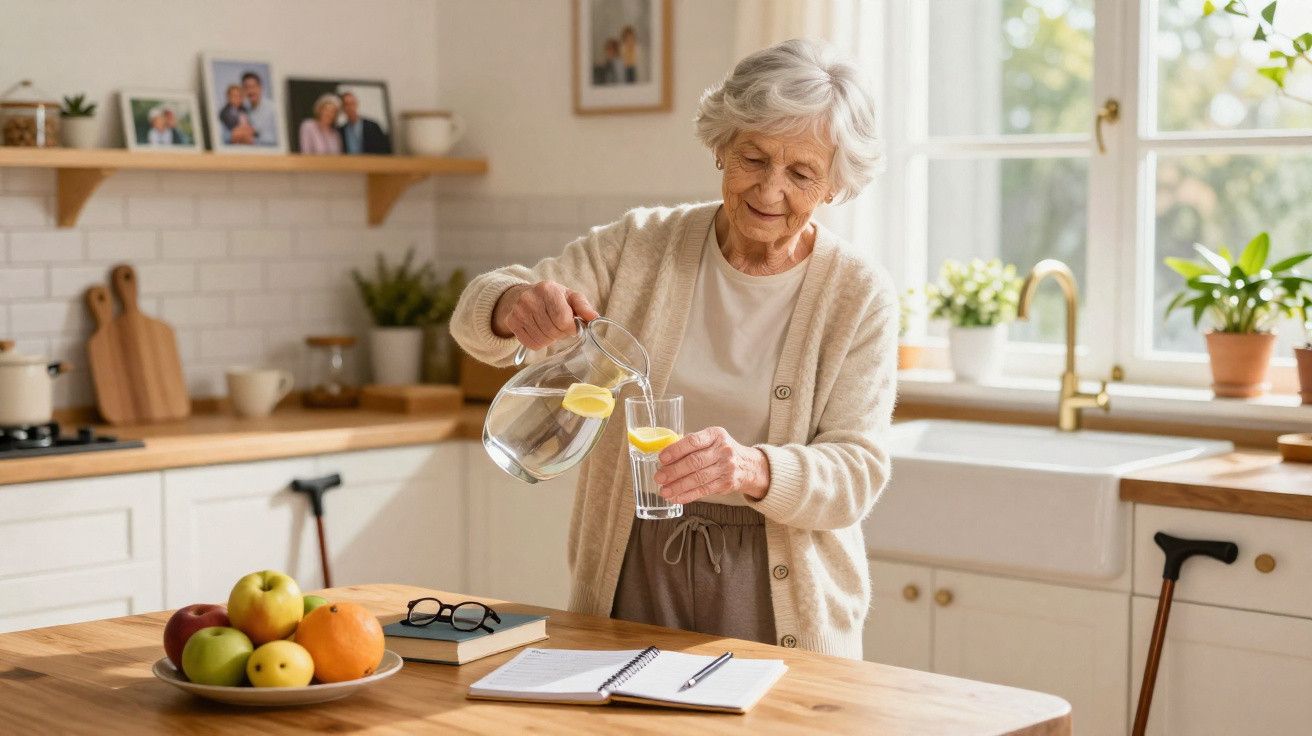 Ältere Frau in heller Küche gießt Wasser mit Zitronenscheiben in Glas auf Küchentheke mit Obst und Notizbuch.