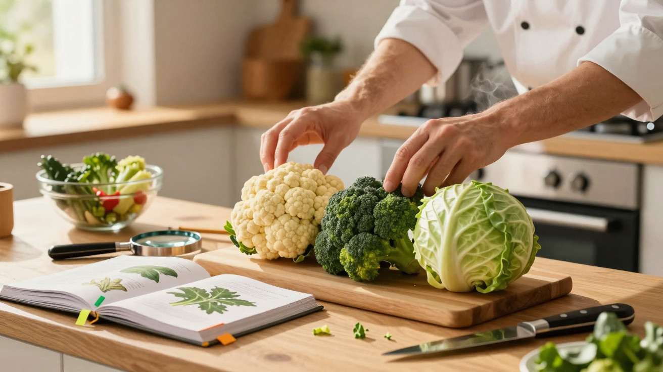 Person in der Küche legt Blumenkohl, Brokkoli und Weißkohl auf ein Holzbrett zum Kochen bereit.