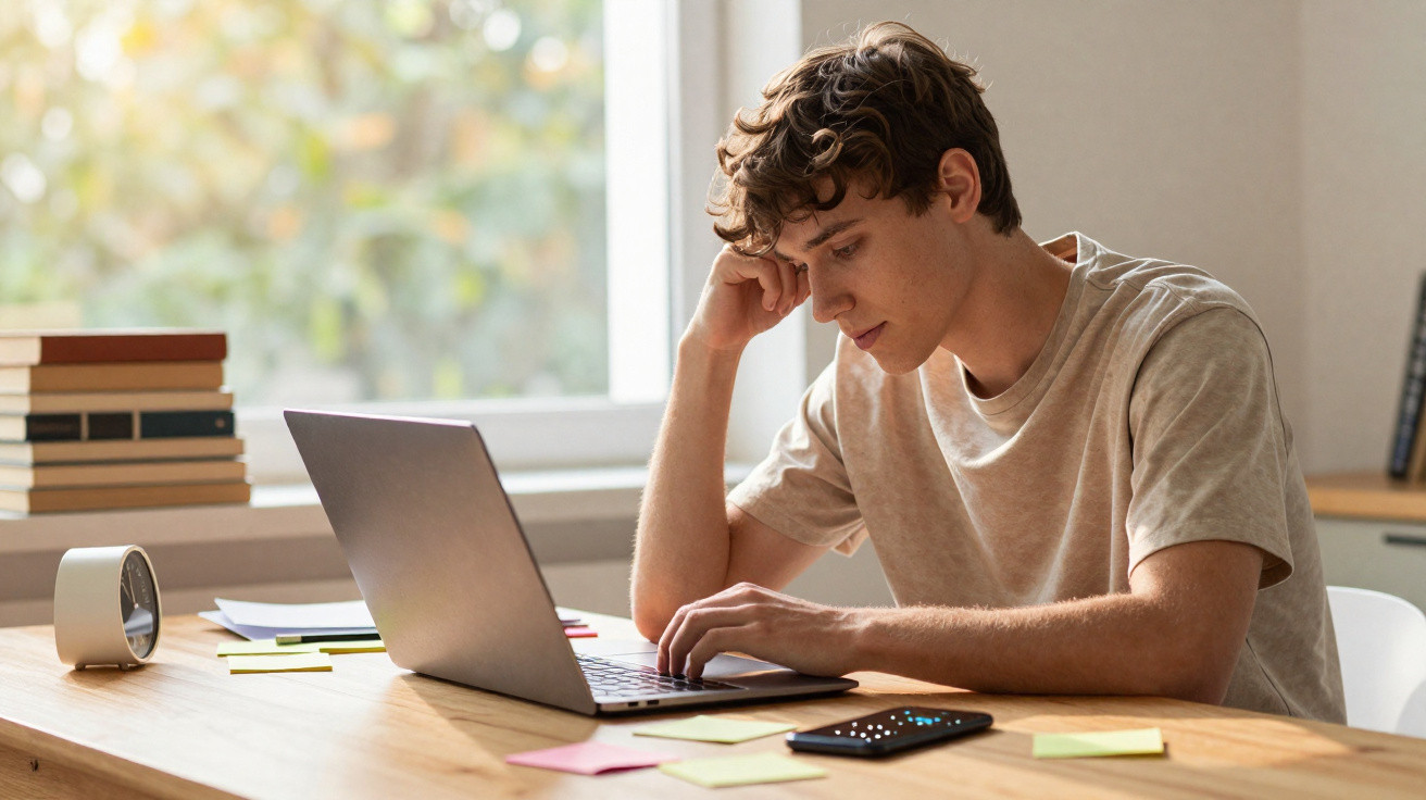 Junger Mann arbeitet konzentriert an Laptop am Schreibtisch mit Büchern und Smartphone neben ihm.