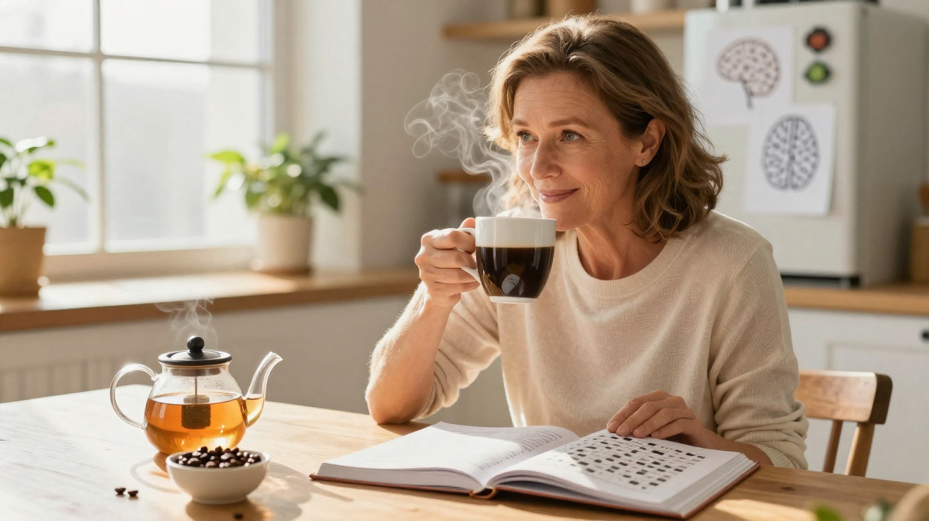 Frau sitzt am Tisch, trinkt heißen Kaffee und liest ein Buch in hellem, gemütlichem Raum.