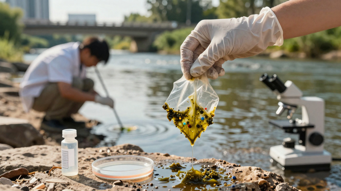 Hand mit Handschuh hält verschmutztes Wasser in Beutel, Forscher im Fluss im Hintergrund mit Probenahmegerät.