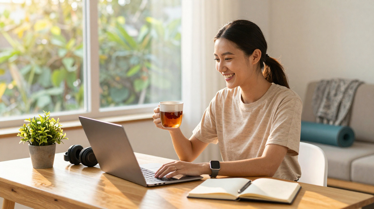 Junge Frau trinkt Tee und arbeitet am Laptop an einem hellen Tisch mit Notizbuch und Pflanze.