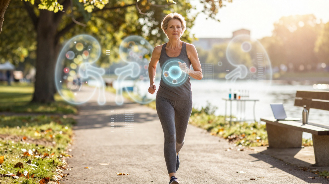 Ältere Frau joggt im Park am See mit animierten Grafiken von Herz und Lunge im Hintergrund.