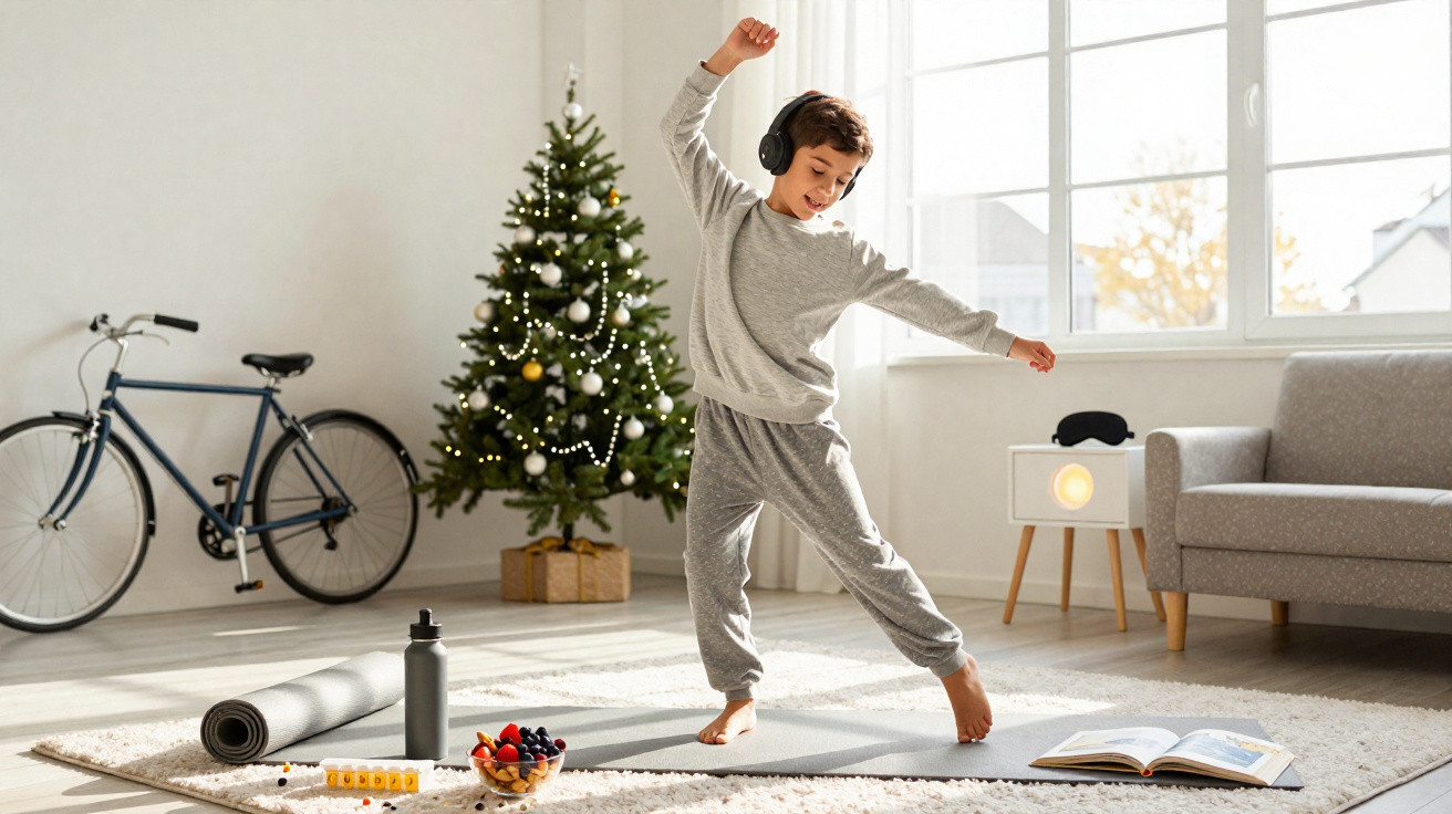 Junge tanzt mit Kopfhörern vor geschmücktem Weihnachtsbaum in hellem Wohnzimmer.