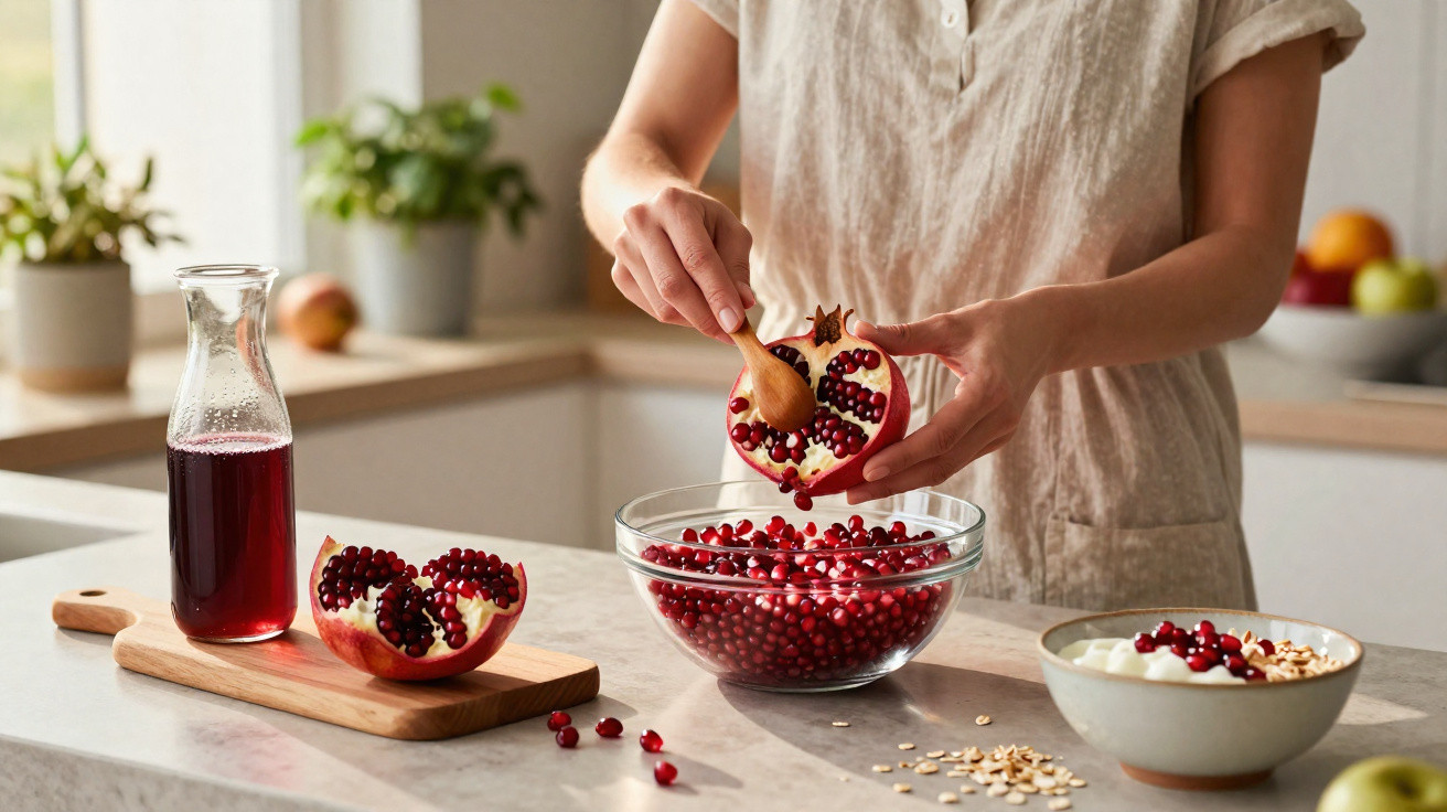 Frau entkernt Granatapfel über Glasschüssel mit Samen, daneben Granatapfelsaft und Schüssel mit Joghurt.