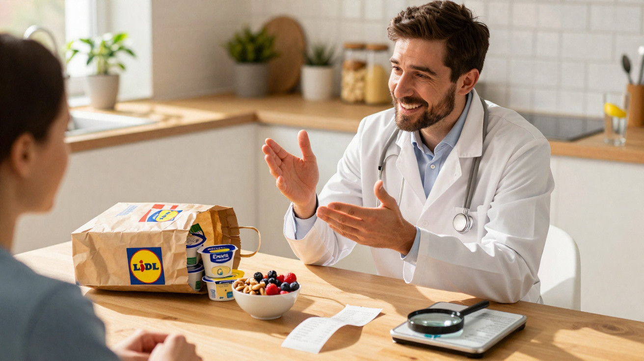 Arzt berät Patientin in der Küche über gesunde Ernährung mit Lidl-Produkten und Joghurt.