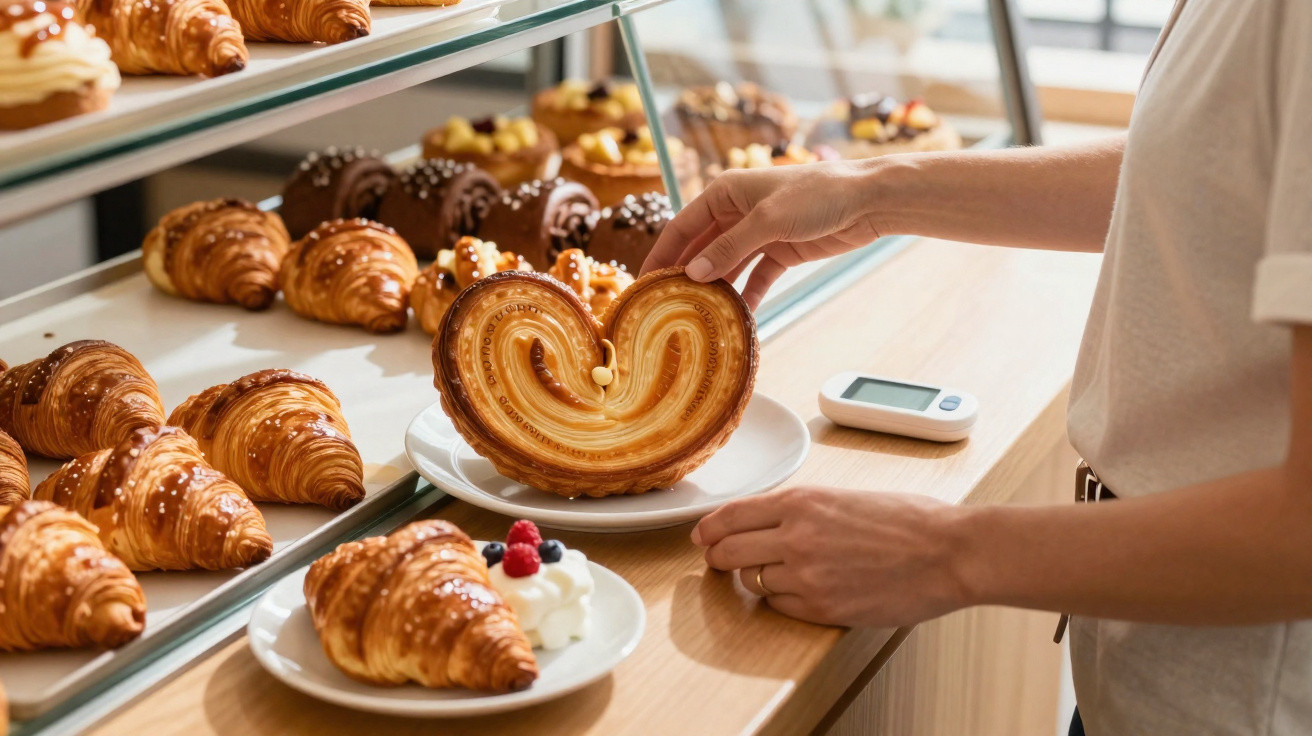 Hand nimmt großes, herzförmiges Gebäck aus der Vitrine, umgeben von Croissants auf Teller im Café.