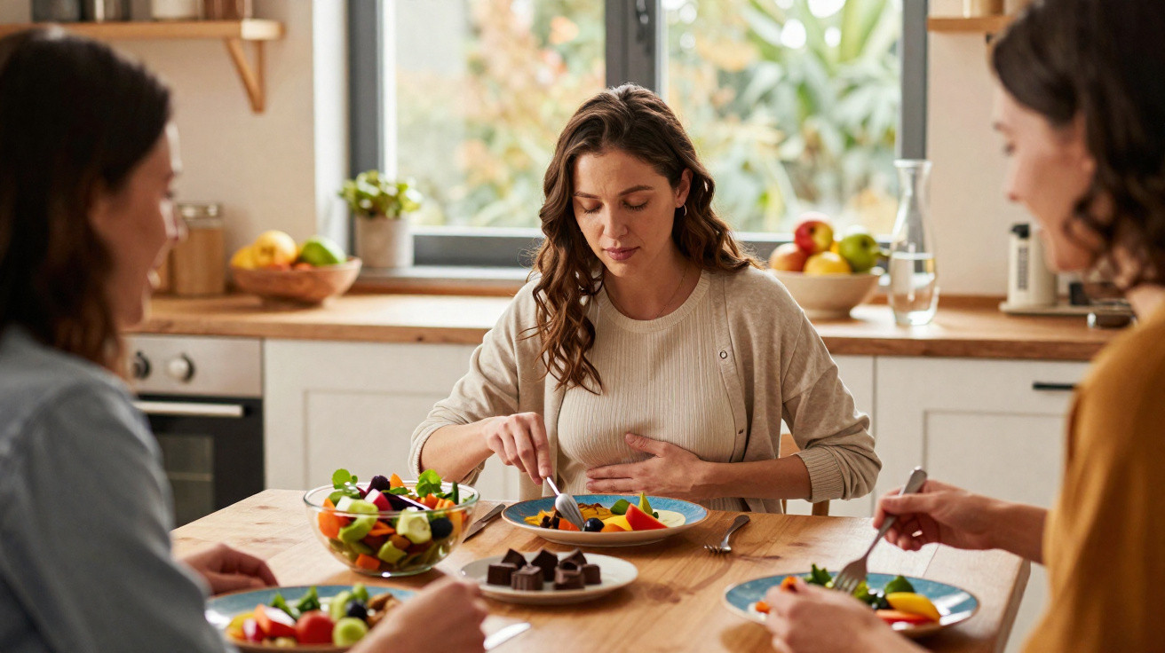 Drei Frauen essen zusammen Obst und Gemüse an einem Holztisch in einer hellen Küche.