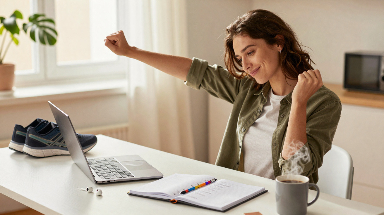Junge Frau streckt sich lächelnd am Arbeitsplatz mit Laptop, Notizbuch und dampfender Tasse Kaffee.