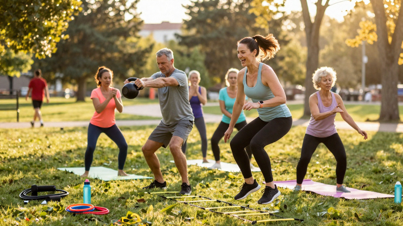 Gruppe verschiedener Menschen beim Outdoor-Fitnesstraining im Park bei Sonnenlicht.