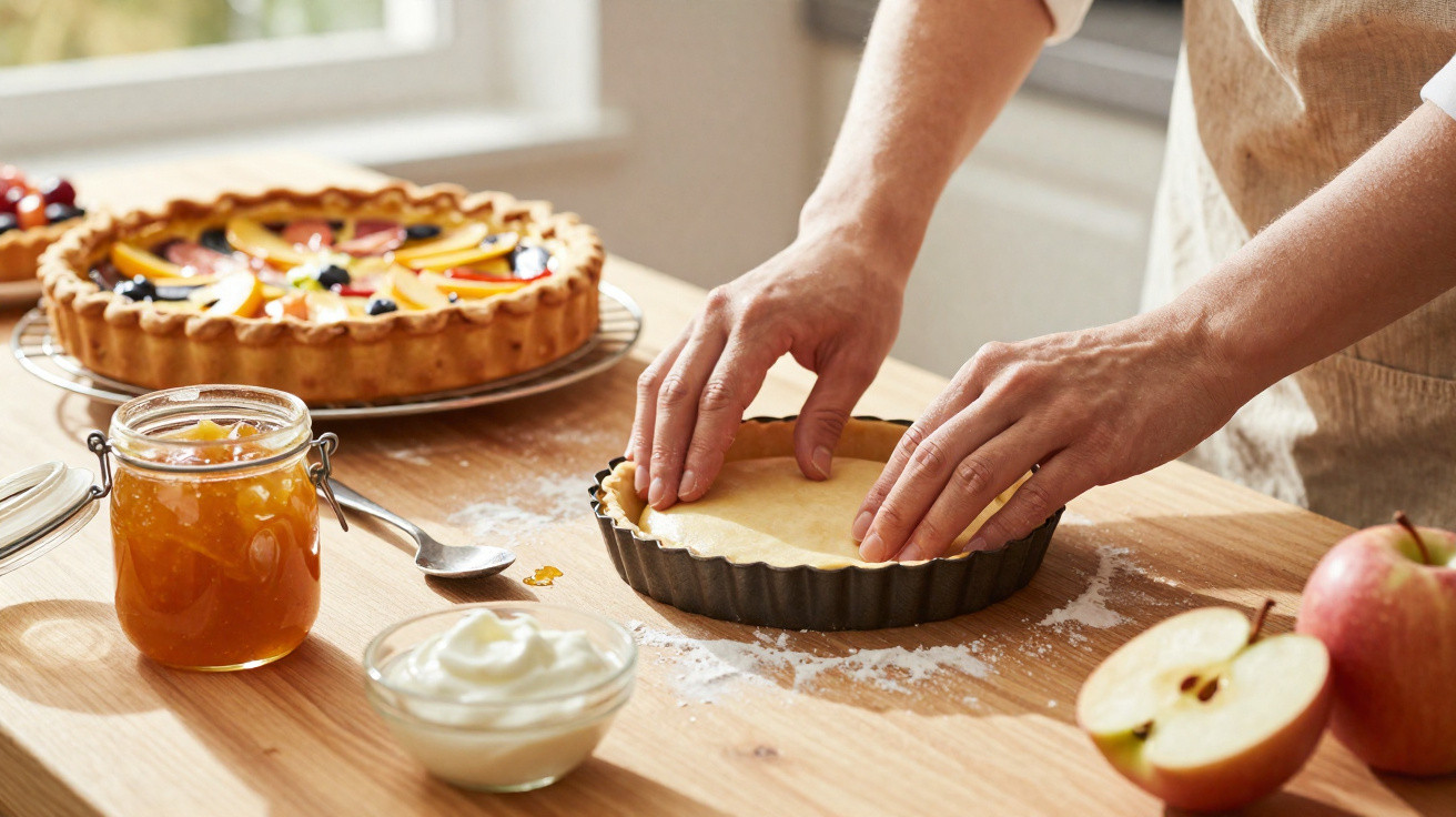 Person formt Mürbeteig in Backform, im Hintergrund Obstkuchen und Zutaten auf Holztisch.