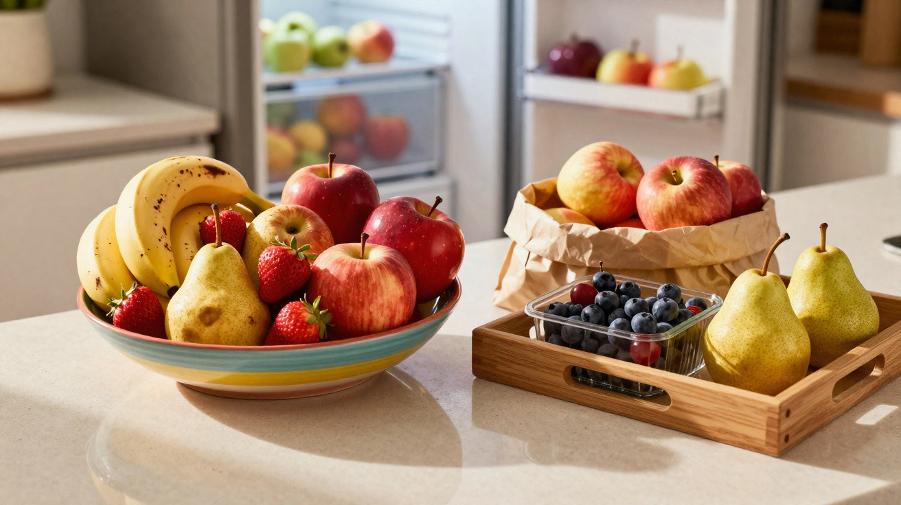 Schale und Tablett mit Äpfeln, Birnen, Bananen, Erdbeeren und Blaubeeren auf Küchenarbeitsplatte vor offenem Kühlschrank.