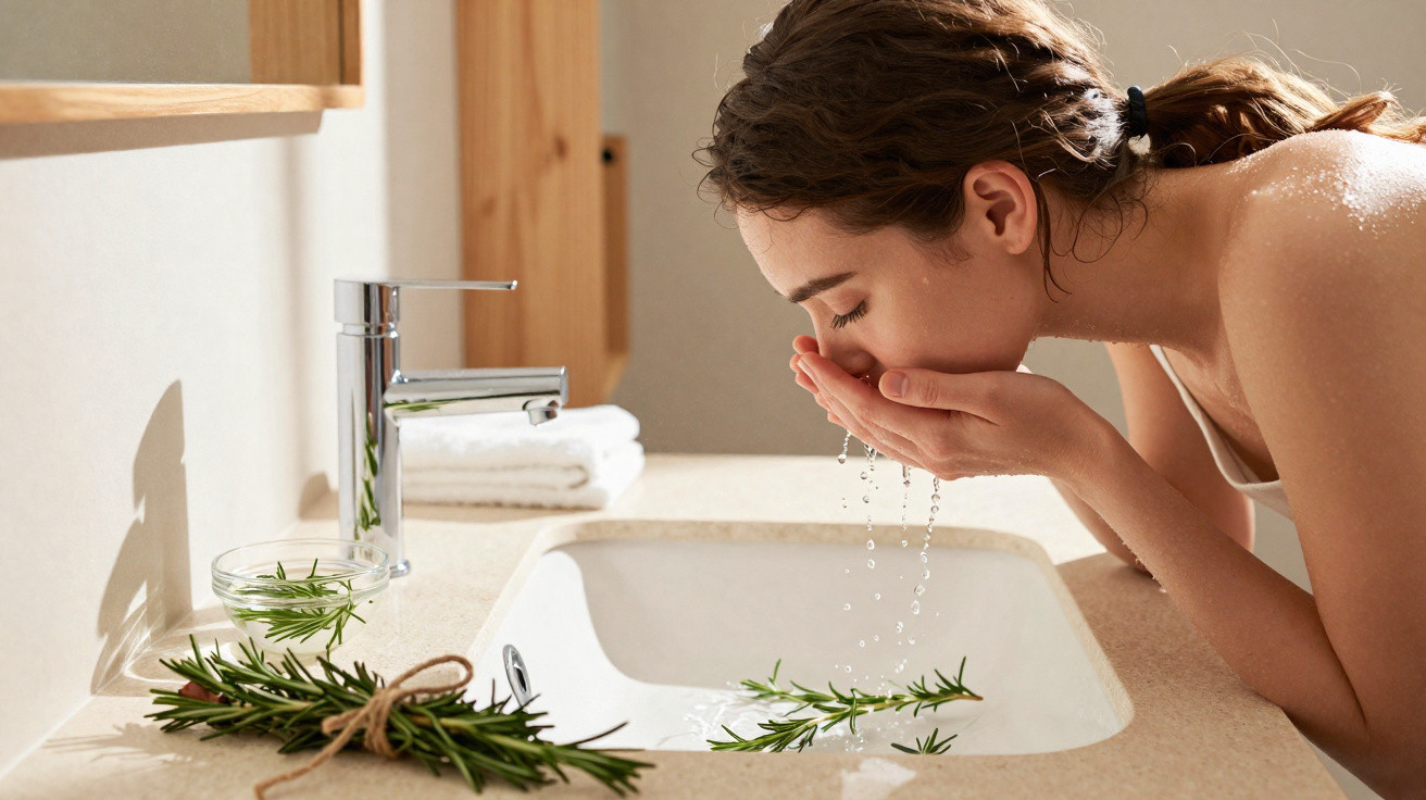 Frau wäscht sich im Badezimmer am Waschbecken mit frischem Wasser und Rosmarinzweigen auf der Arbeitsplatte.