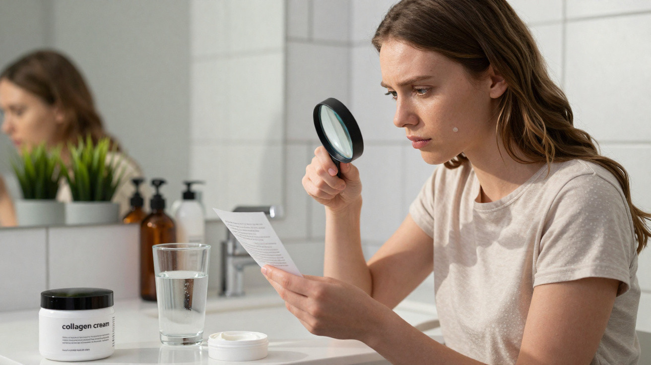 Frau liest mit Lupe die Inhaltsstoffe einer Collagen-Creme im Badezimmer vor Spiegel.