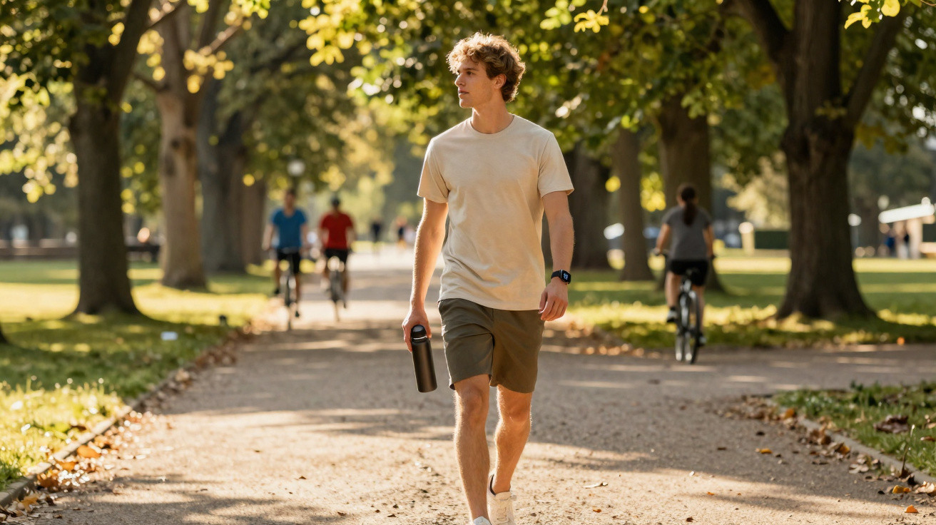 Junger Mann in Freizeitkleidung mit Wasserflasche geht in sonnigem Park, im Hintergrund Radfahrer auf Weg.